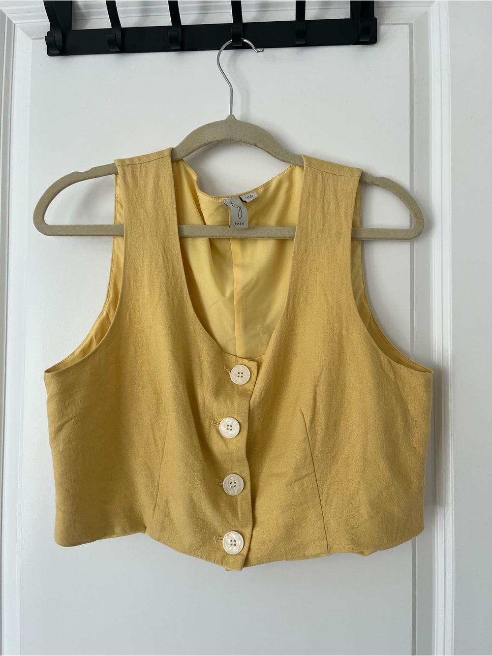 Joie Medium Butter Yellow Linen Blend Button Cropped Tank Vest